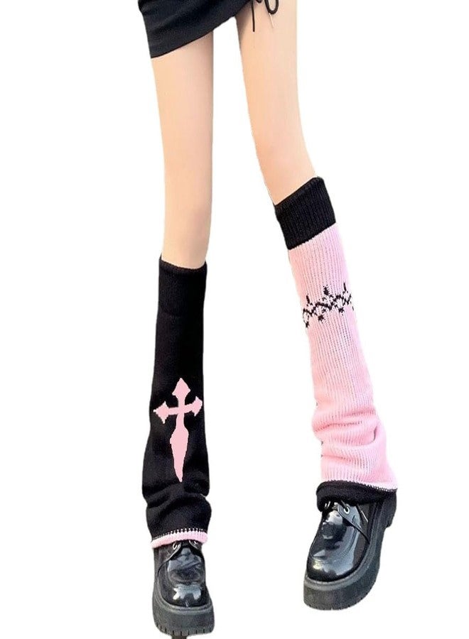 OATSBAS Women Lolita Ribbed Knit Leg Warmer Kawaii JK Japanese Student Stockings Y2K Cross High Bucket (Black-pink) - Image 1